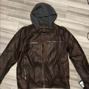 Guess Brown Leather Jacket with Grey Hoodie